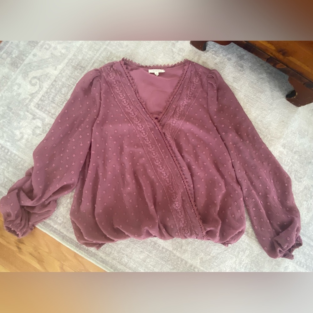 Light plum, size medium, long sleeve blouse by “ee:some”.